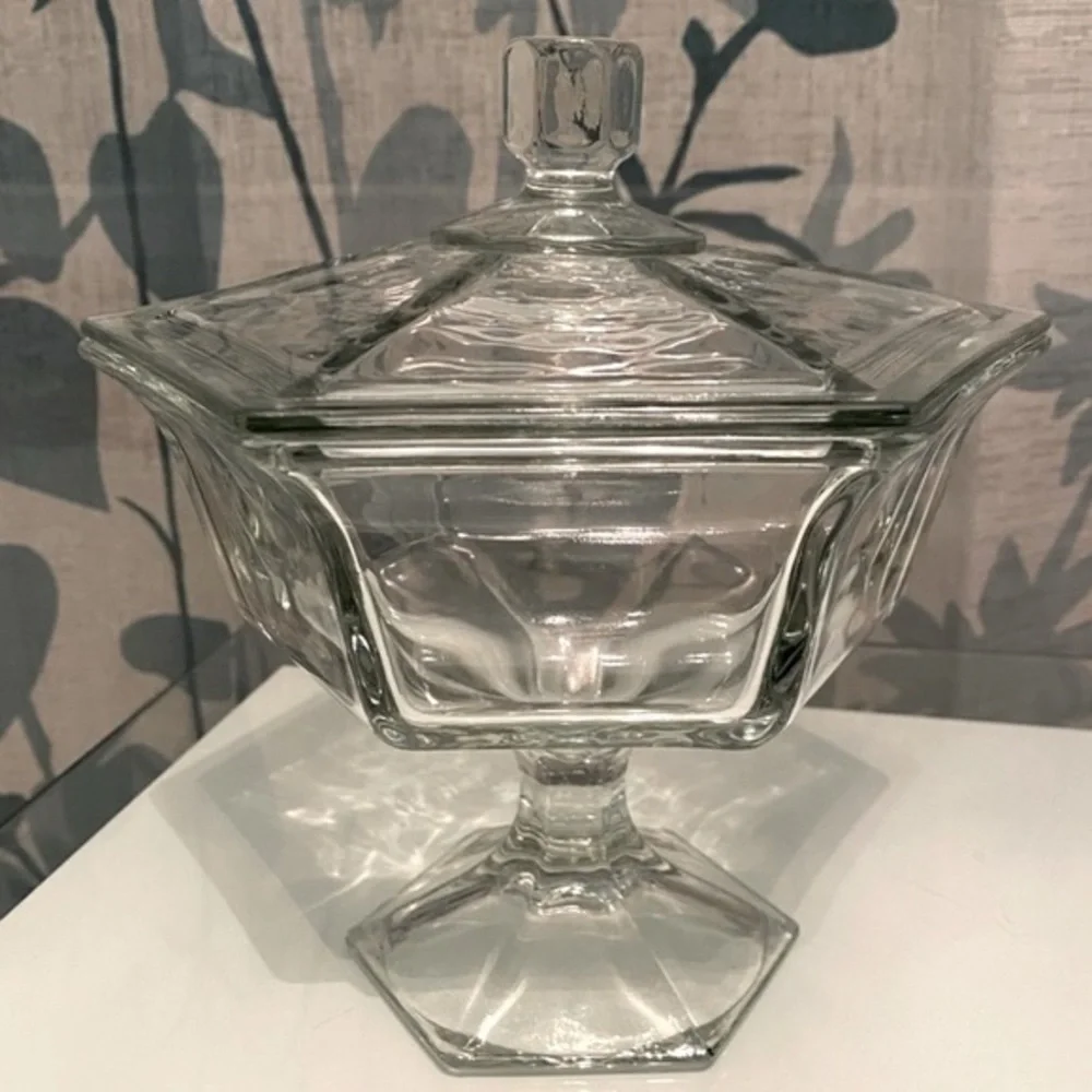NWOT 8” Candy Pedestal Dish w Lid Cover Hexagonal‎ - Pressed Clear Crystal Glass